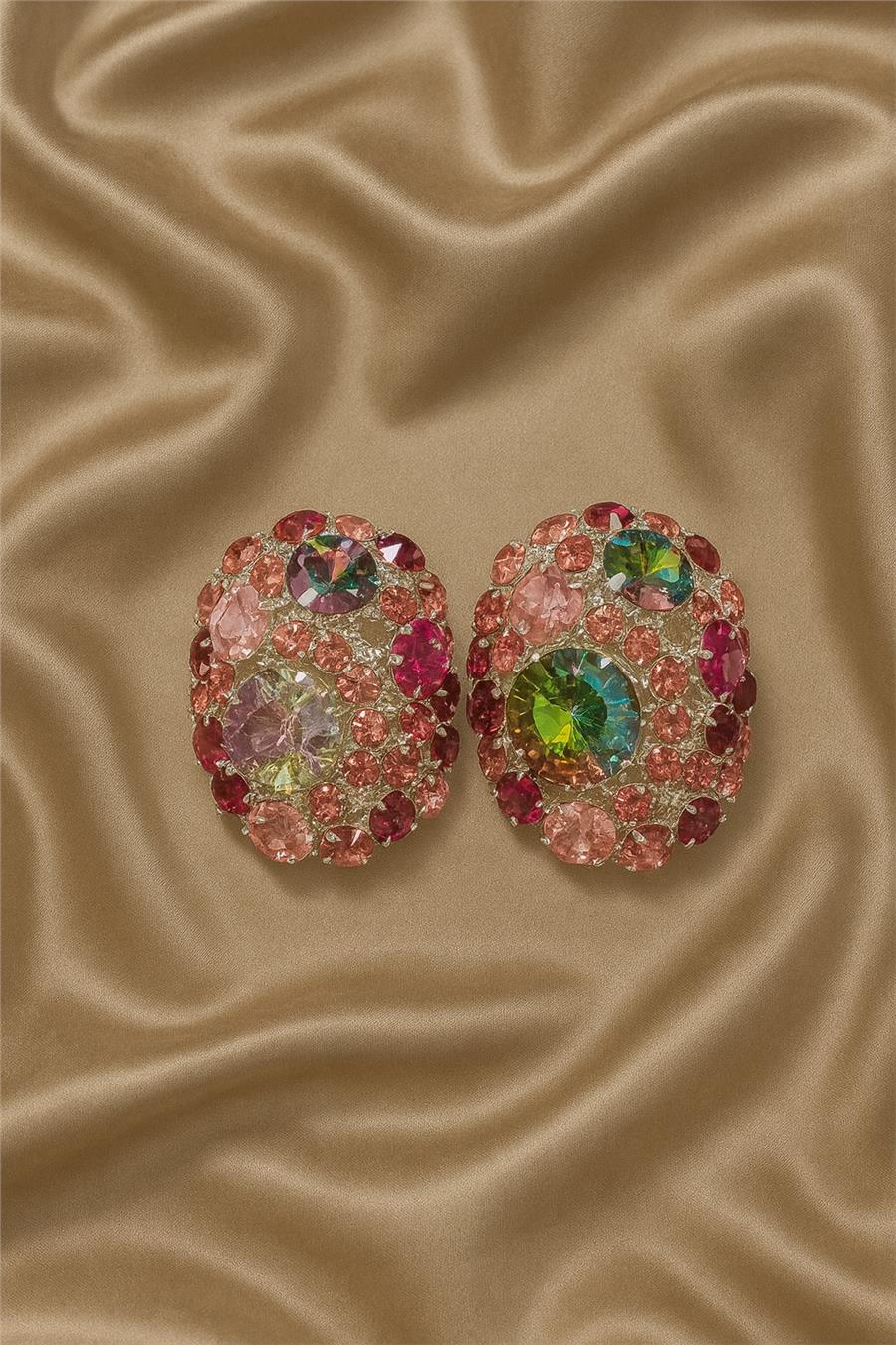 Edna Pembe ve Renkli Taşlı Oval Küpe Büyük