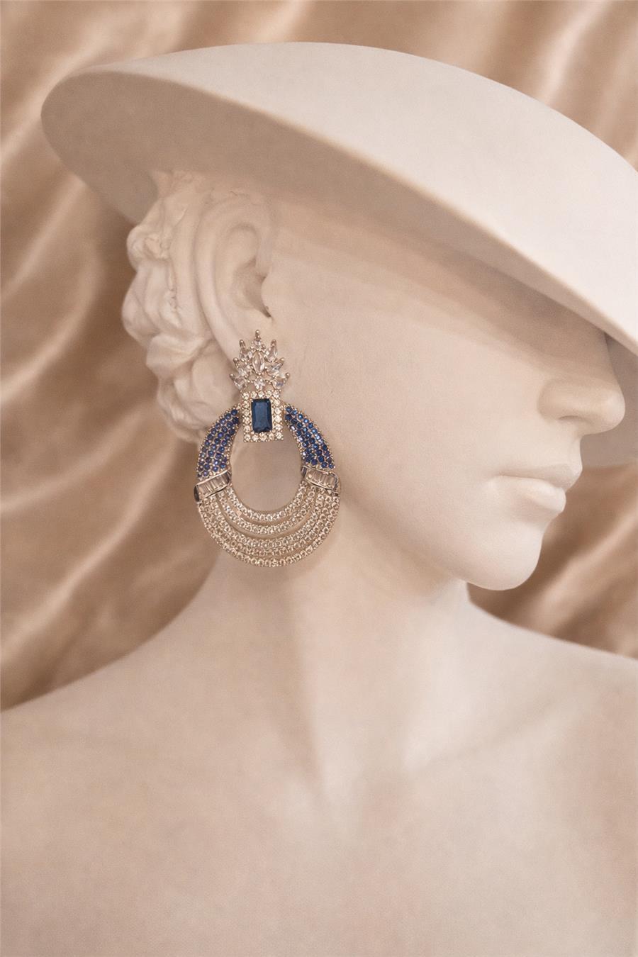 Lulu Mavi Taş Detaylı Kristal Taş Yüzeyli Şık Küpe