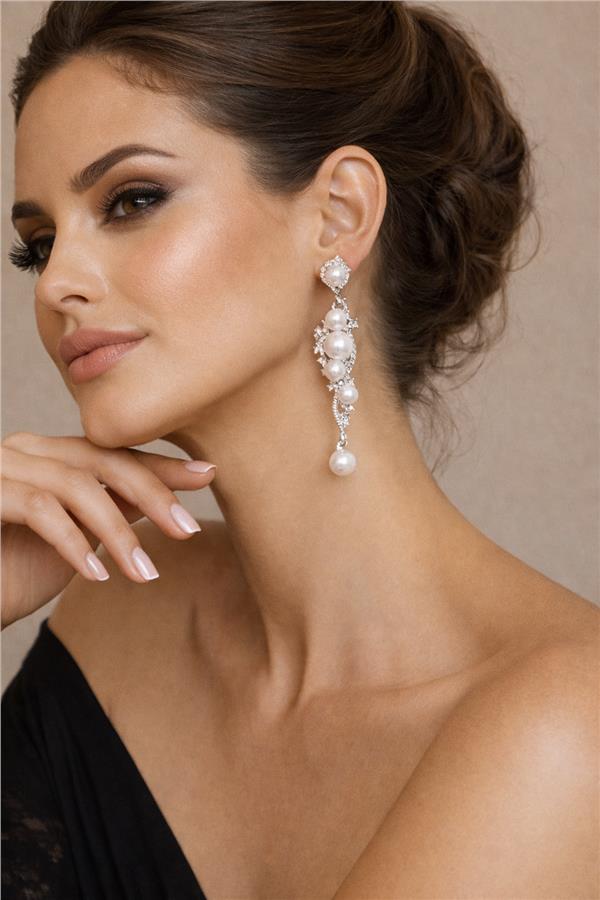 Pearly Silver Taşlı ve İnci Detaylı Sallantılı Küpe