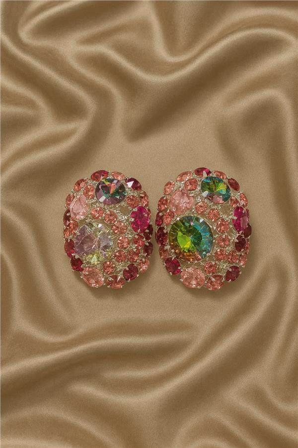 Edna Pembe ve Renkli Taşlı Oval Küpe Büyük