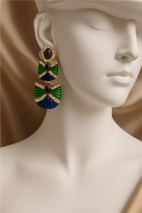 Shay Mor Yeşil Üç Katmanlı Sedefli Sallantılı Küpe