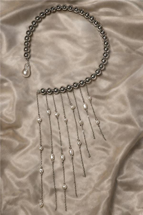 Hailey Sallantılı İnci Gümüş Renk Boncuklu Kolye