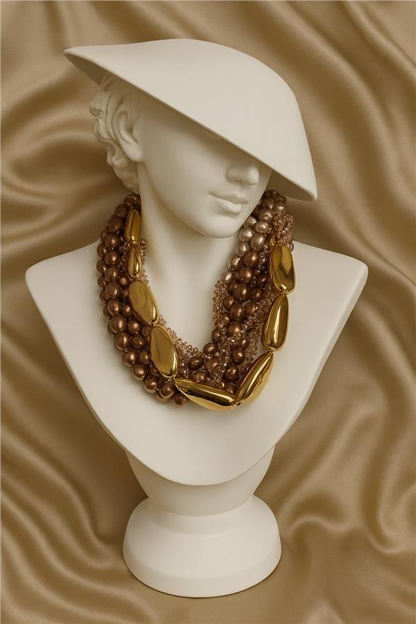 Sheila Bronz ve Gold Boncuklu Çoklu Kolye