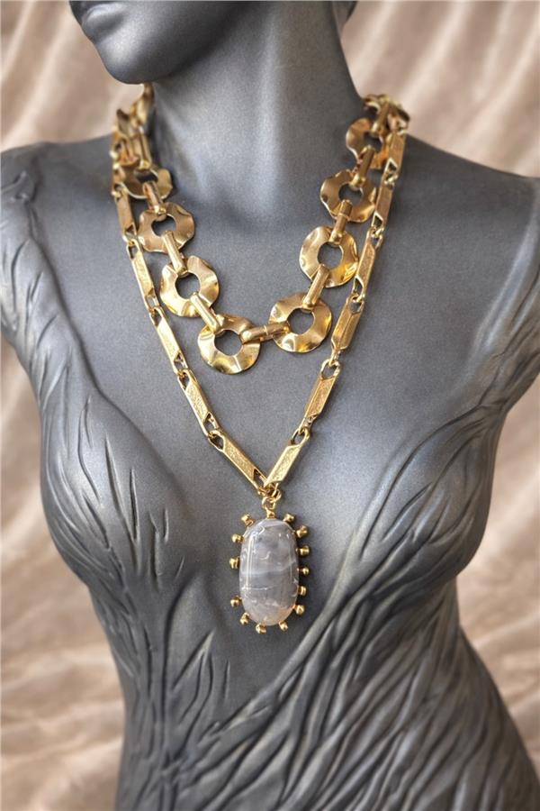 Sarah Gri Gold Uzun Kolye