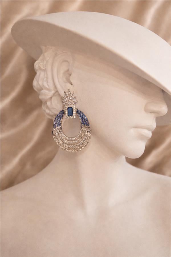 Lulu Mavi Taş Detaylı Kristal Taş Yüzeyli Şık Küpe